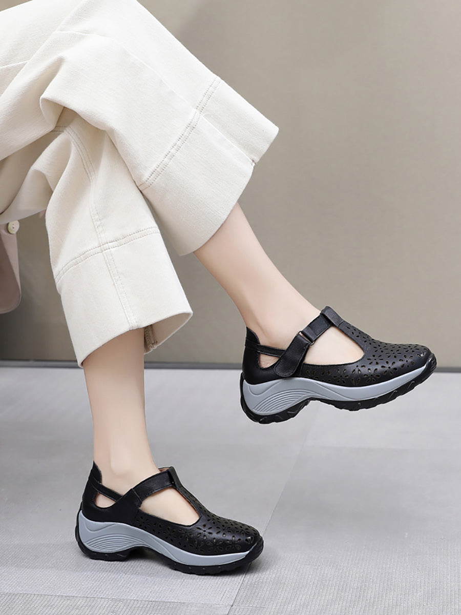 Summer Solid Leather Cutout Platform Shoes