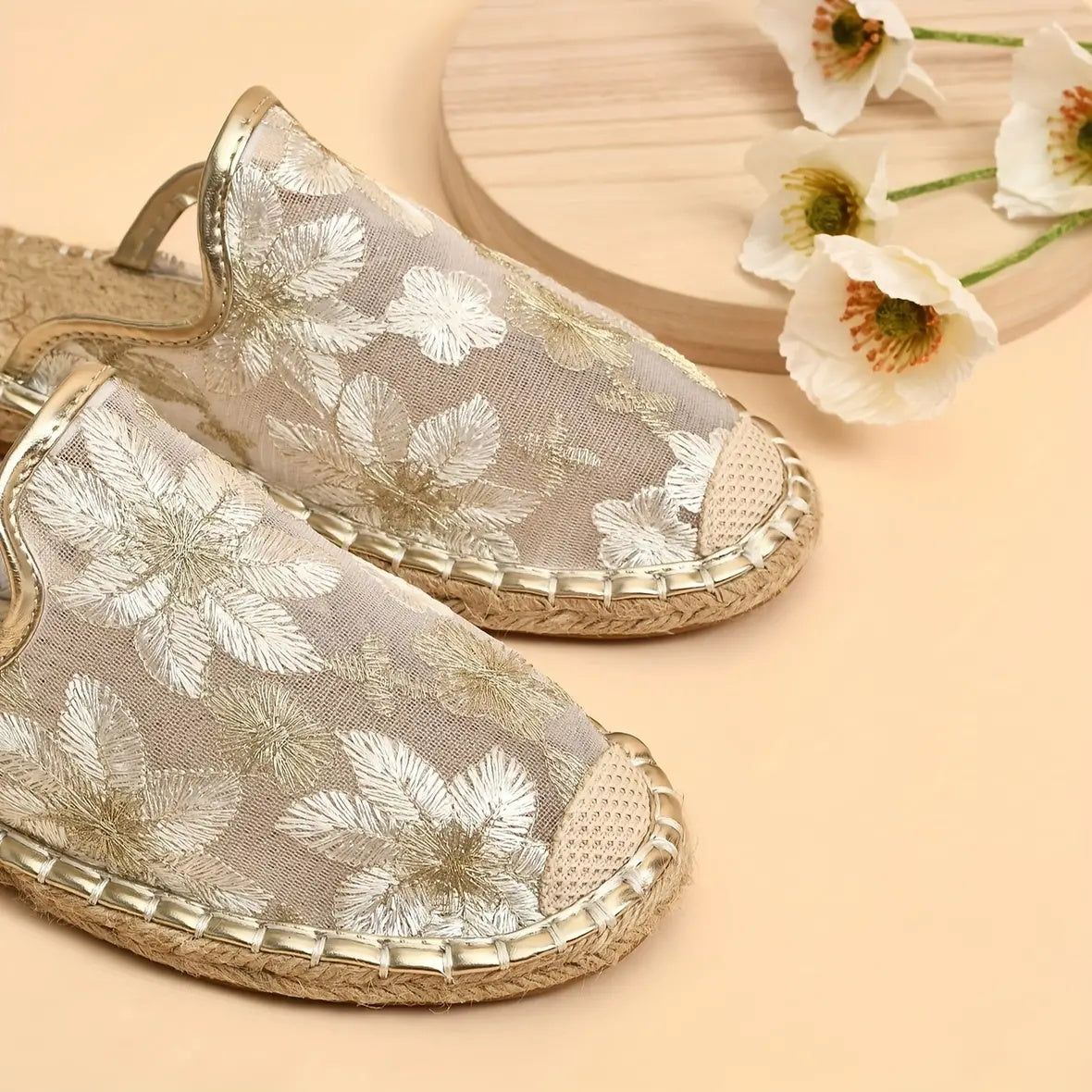 Slip-Ons d'été à semelle plate pour femmes avec fleurs en dentelle respirantes