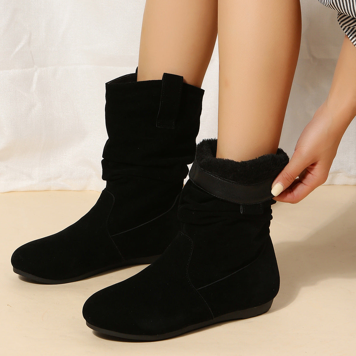 Women’s Suede Low Heel Fleece-Lined Slouch Boots