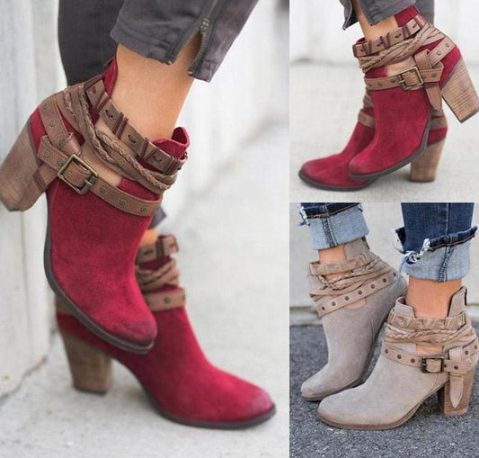 Plus Size Chunky Buckle Straps Ankle Heeled Boots - fashionshoeshouse