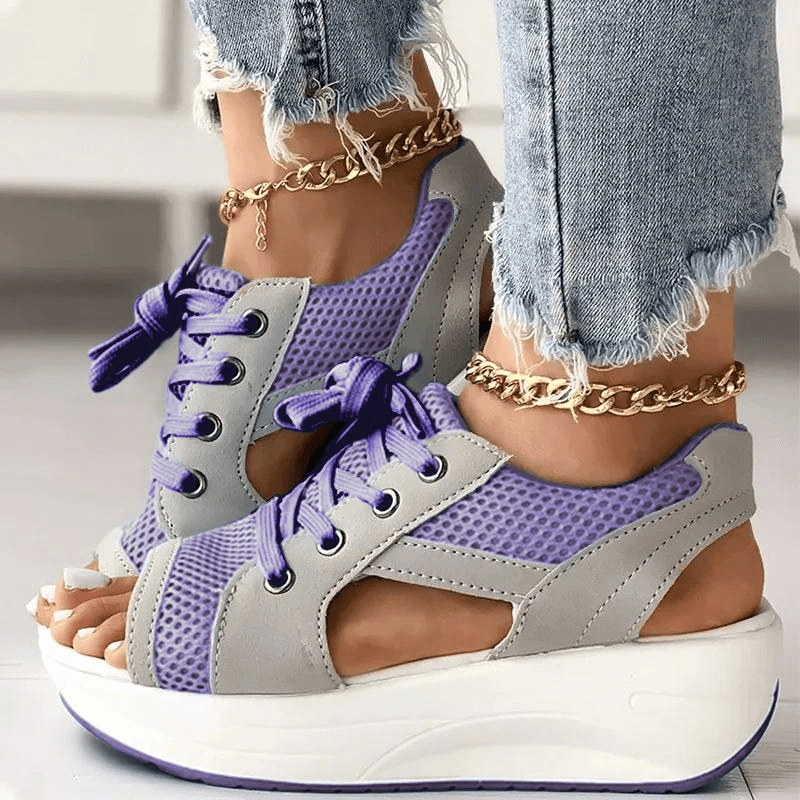 Summer Contrast Paneled Cutout Lace-up Muffin Sandals