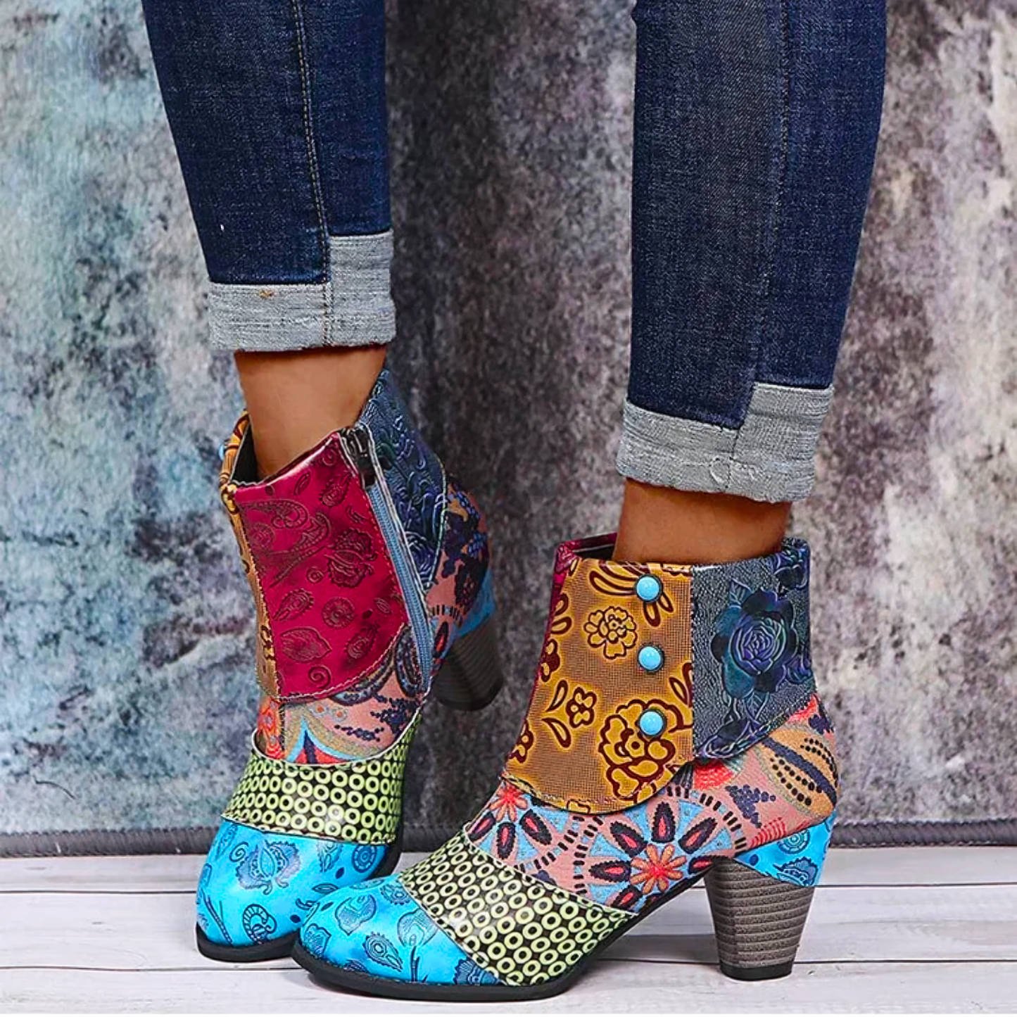 Bottines en patchwork floral jaune et rouge