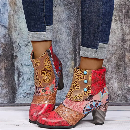 Bottines en patchwork floral jaune et rouge