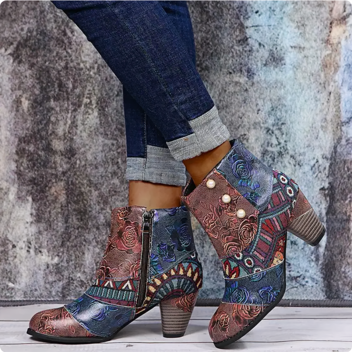 Bottines en patchwork floral jaune et rouge