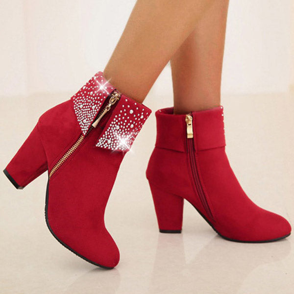 Rhinestone Frosted Chunky Heel Short Boots Oshnow