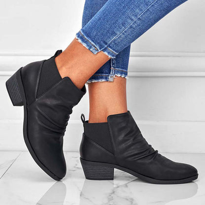 Round Toe Ruched Booties Stacked Block Heel Ankle Boots Oshnow