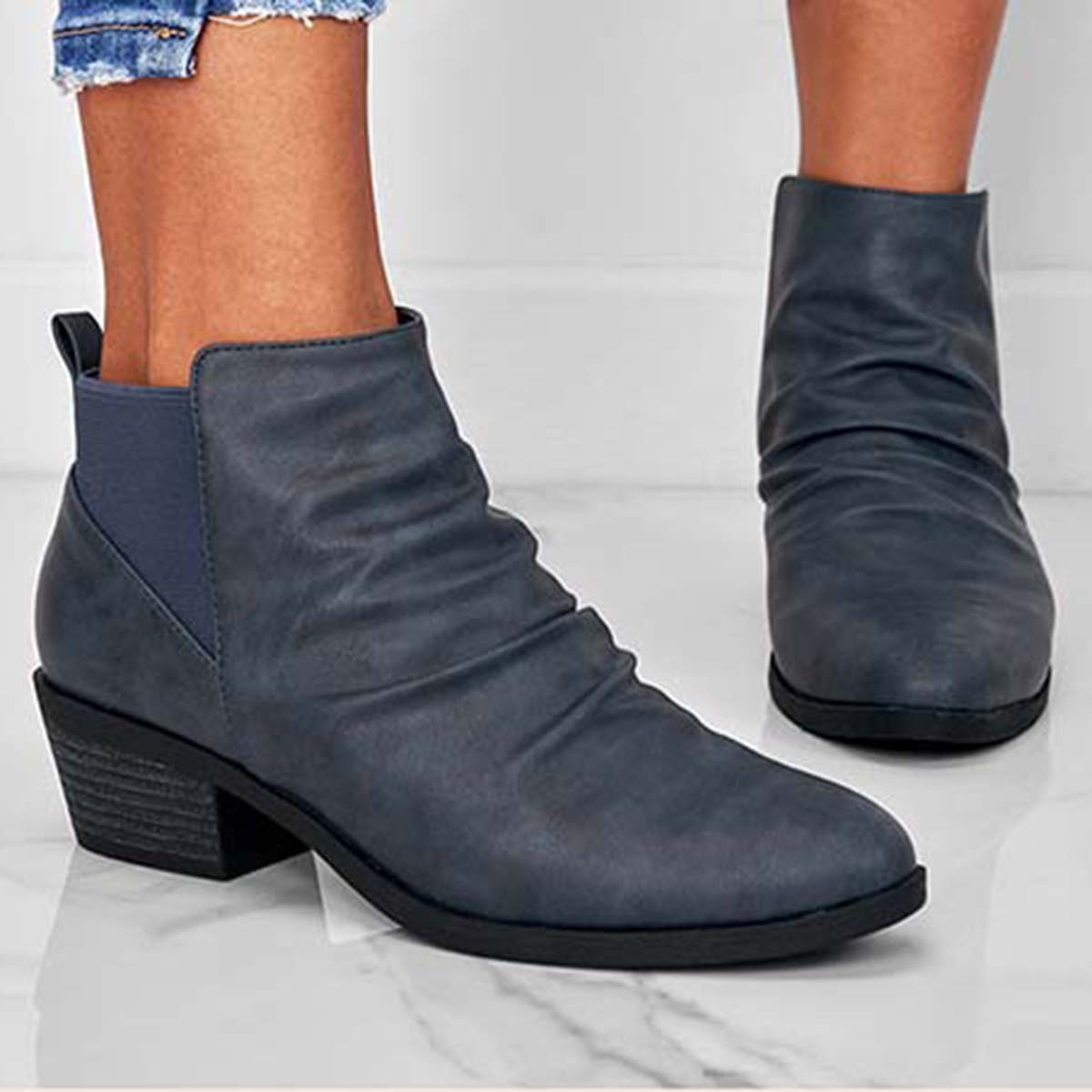 Round Toe Ruched Booties Stacked Block Heel Ankle Boots Oshnow