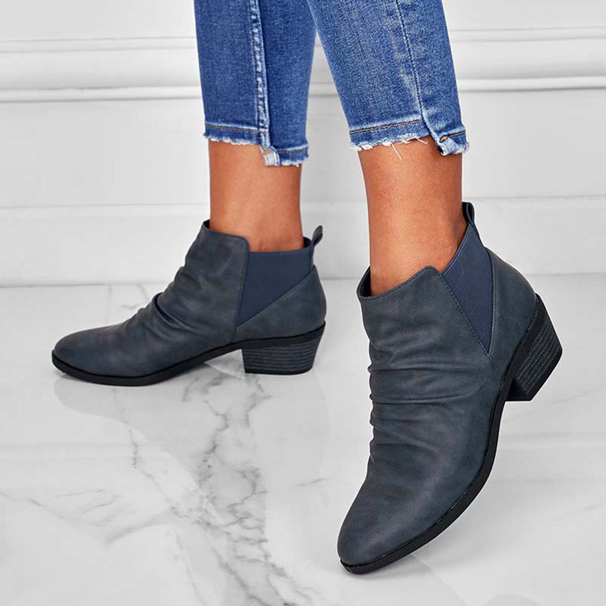 Round Toe Ruched Booties Stacked Block Heel Ankle Boots Oshnow