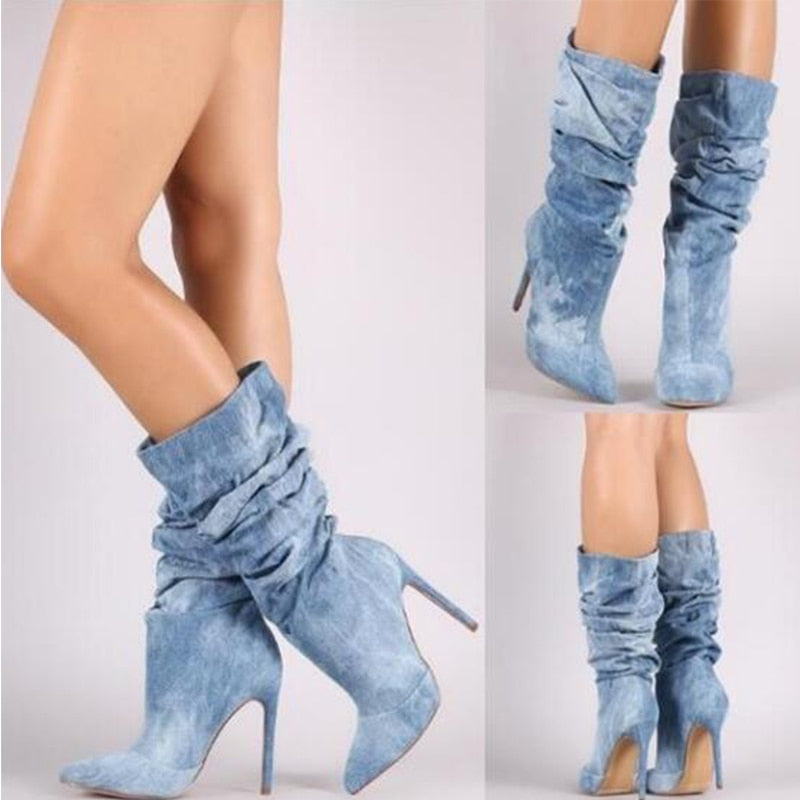 Women Pleated Mid Calf Boots -High Heels Women's Pointed Toe Sexy Pumps - Tania's Online Closet, LLC