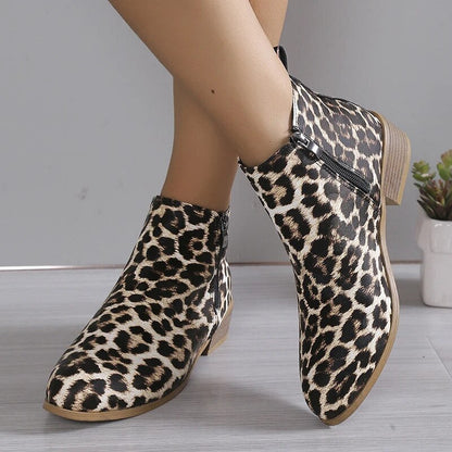 Women's Fashion Leopard Designed Thick Heels PU Leather Ankle Boots GOMINGLO