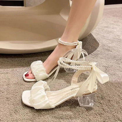 Comfort Shoes for Women Block Heels Pearl Sandals Med Suit Female Beige All-Match Chunky - Shop & Buy