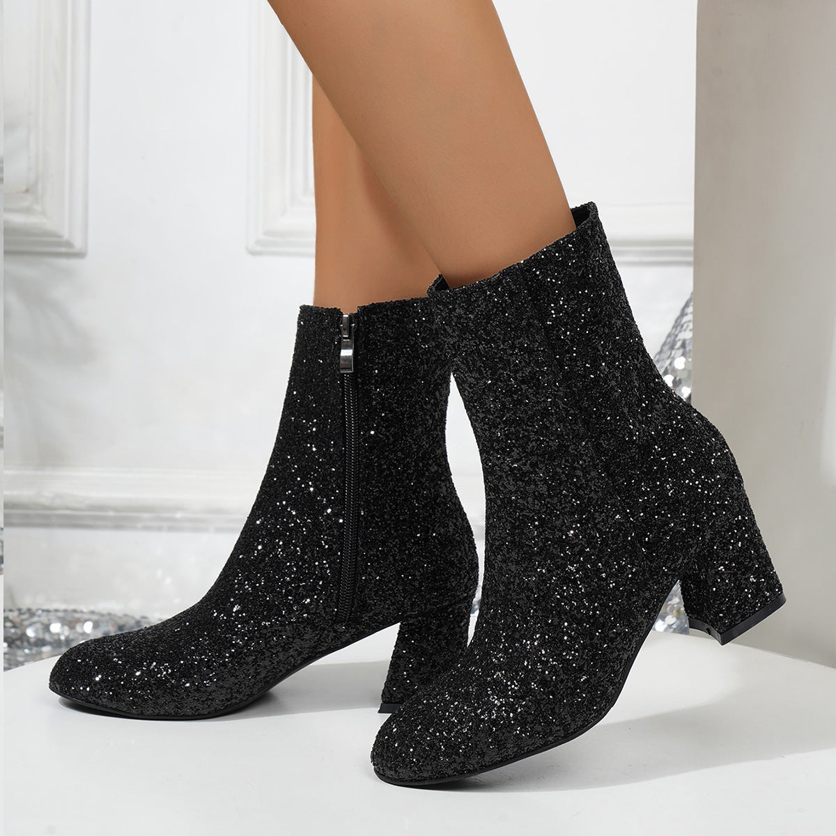 Bottes à paillettes pour femmes Paillettes à haut talon Chunky