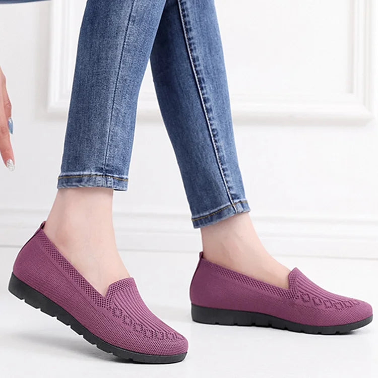 Mocassins en tricot de couleur unie pour femmes, chaussures légères antidérapantes et plates